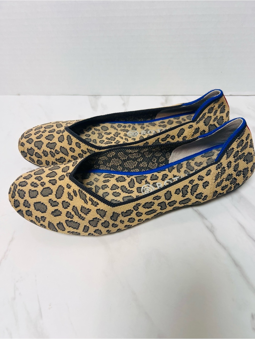Rothy's Leopard Print Ballet Flats with Blue Trim size 10.5